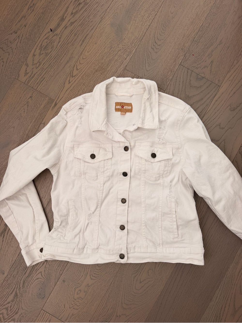 Red Star Women's Distressed White Denim Jacket